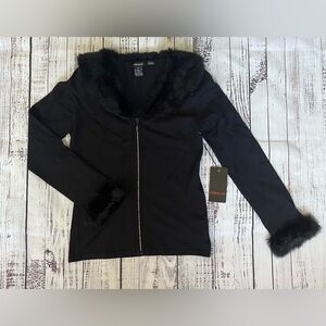 Vermani Silk/Spandex Fur Trim Full Zip Cardigan Sweater Rhinestone Zip Black NWT